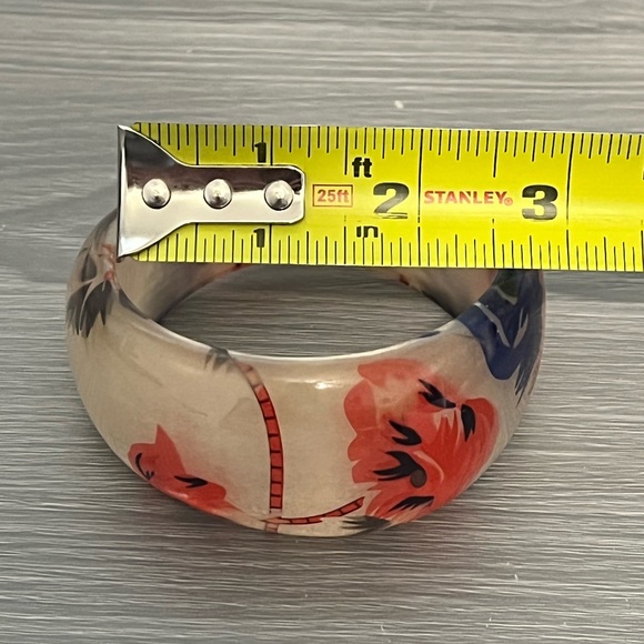 Vintage Plastic Bangle Bracelet, Pearl White w/ Blue and Red Floral Design, Boho - Picture 5 of 5